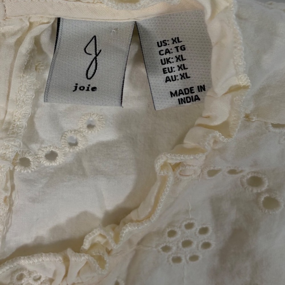 Joie XL Ivory Eyelet Embroidered Cotton Blouse Pintuck Scalloped Boho Top - Picture 4 of 7